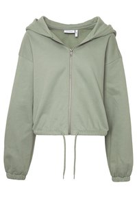 Beskåret, lynlåshoodie i blødt grønt stof med snøre i bunden, oversized ærmer og foret hætte. Glat tekstur med minimal detaljering.