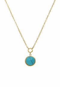 Collier en chaîne dorée mettant en valeur un pendentif circulaire en turquoise avec un design de surface fissurée. Le pendentif est entouré d'un cadre doré.