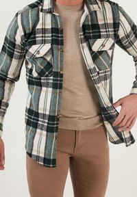 Grün-weiß kariertes Flanellhemd mit Brusttaschen, Knöpfen und weicher Textur, getragen über einem beigen Rundhalspullover. Braune Hose.