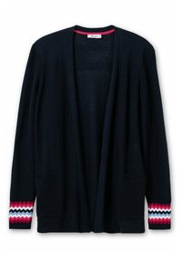 Cardigan blu navy con vestibilità ampia, caratterizzato da una texture a coste e due tasche anteriori. Motivo a zigzag in rosa, bianco e nero sui polsini.