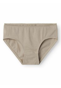 Slip en coton beige avec une large ceinture élastique et des coutures décoratives le long du bord supérieur. Texture douce, design offrant une couverture complète.
