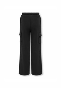 Musta cargo-housut, joissa on rento malli, joustava vyötärö ja kaksi sivutaskua läpillä. Valmistettu pehmeästä ja kestävästä kankaasta.