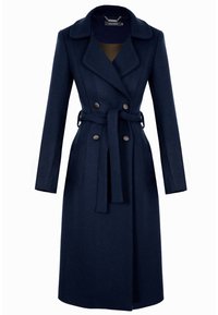 Granatowy wełniany płaszcz z podwójnym zapięciem z przodu, wykładaną kołnierzem i paskiem. Posiada długie rękawy i teksturowany materiał.