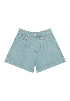 Lichtblauwe denim shorts met een knoopsluiting aan de voorkant, twee klepzakken met knopen en geplooide details.