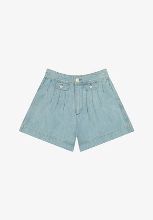 Hellblaue Jeansshorts mit vorderer Knopfleiste, zwei mit Knöpfen verschließbaren Patztaschen und plissierten Details.