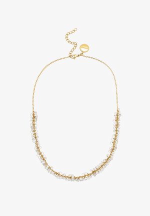 Guldtonad kedjesmycke med klara pärlor i en klustrad design, justerbar längd med en kräftklämma och charmdekor.