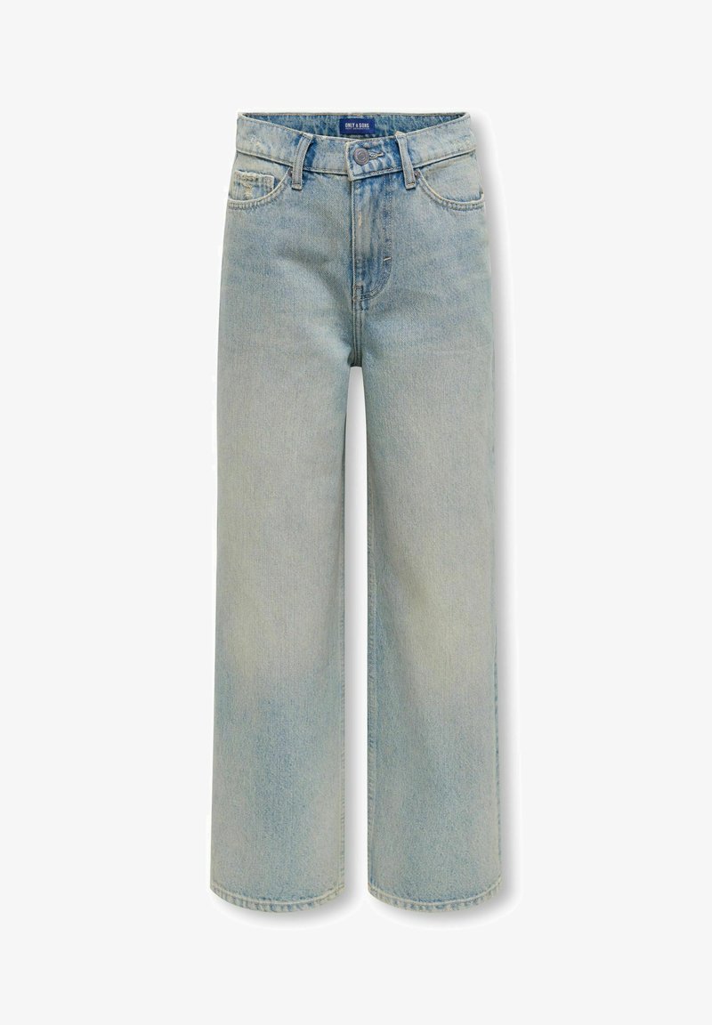 Jean à jambes larges bleu clair en denim, avec taille haute, design à cinq poches et finition légèrement délavée avec des coutures contrastantes.