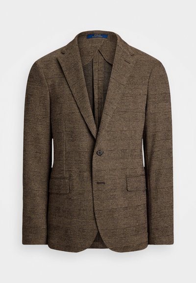 Kohvane ruuduline bleiser, millel on notšitud krae, kaks esikot ja ühe nupu sulgemine. Tekstuuriga kangas lisab kujundusele sügavust.