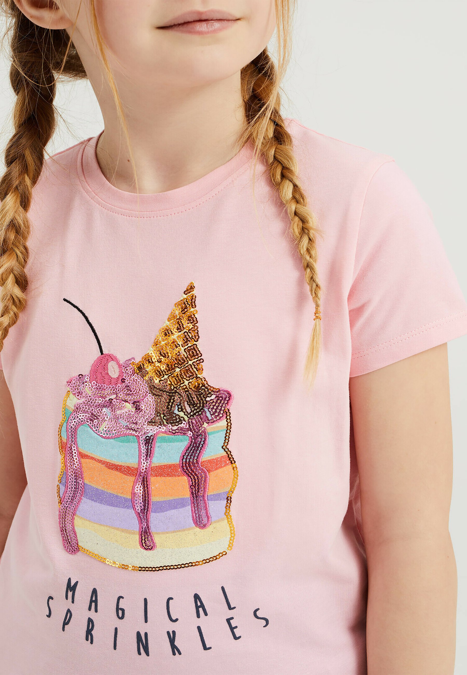 WE Fashion MET PAILLETTEN APPLI - Camiseta estampada - pink/rosa -  Zalando.es