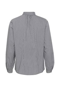 Camicia a maniche lunghe a righe in tonalità di grigio e bianco, con patta bottonata, schiena arricciata e polsini elasticizzati.