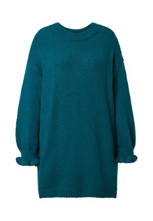 Teeffarbenes Strickkleid mit gerippter Textur, runder Ausschnitt und puffärmel, die mit rüschigen Manschetten enden. Weiches, dickes Material.