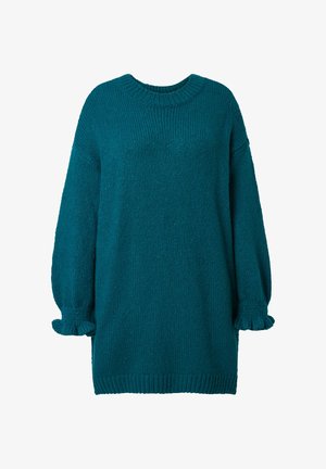 Teeffarbenes Strickkleid mit gerippter Textur, runder Ausschnitt und puffärmel, die mit rüschigen Manschetten enden. Weiches, dickes Material.