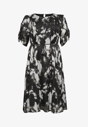 Schwarz-weißes Blumenkleid mit kurzen Puffärmeln, plissierter Textur, rundem Ausschnitt, tailliertem Bund und knielangem Saum.