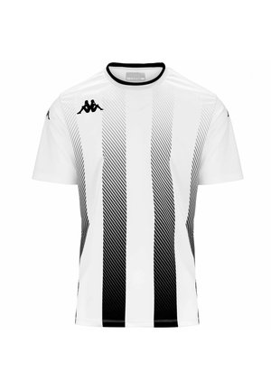 T-shirt atletico bianco con strisce nere in gradiente, dotato di collo rotondo e logo nero sul petto. Realizzato in tessuto leggero.