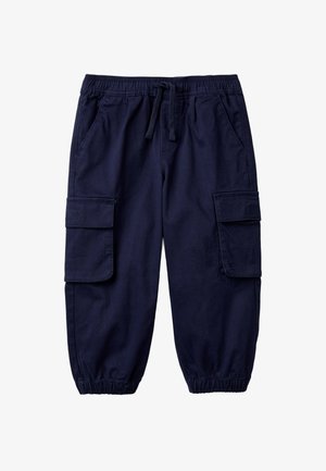 Marineblauwe kinder cargo-pantalons met elastische taille, trekkoord, grote zijzakken en elastische boorden bij de enkels.