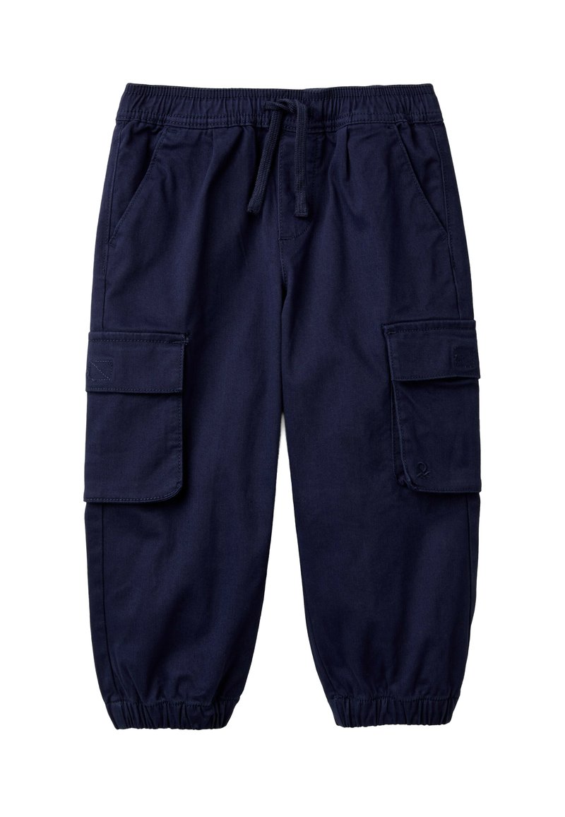 Marineblaue Kinder-Cargohosen mit elastischem Bund, Kordelzug, großen Seitentaschen und elastischen Bündchen an den Knöcheln.