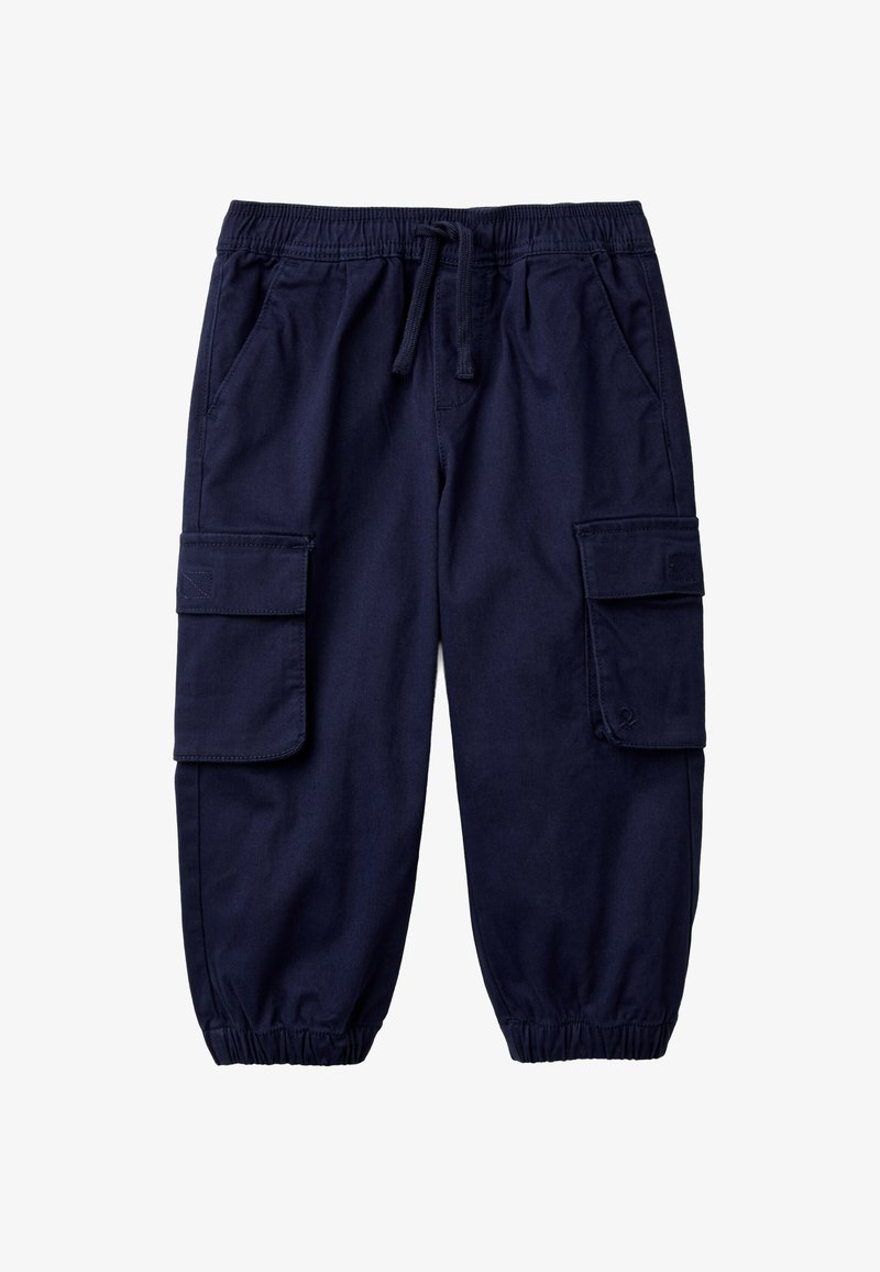 Marineblauwe kinder cargo-pantalons met elastische taille, trekkoord, grote zijzakken en elastische boorden bij de enkels.