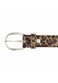 Leopard print leather belt with a silver-tone metal buckle and keeper. Features a textured surface and a circular logo accent.