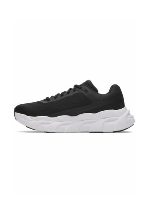 Black athletic sneaker with mesh upper and thick, sculpted white sole, designed for running or casual wear.