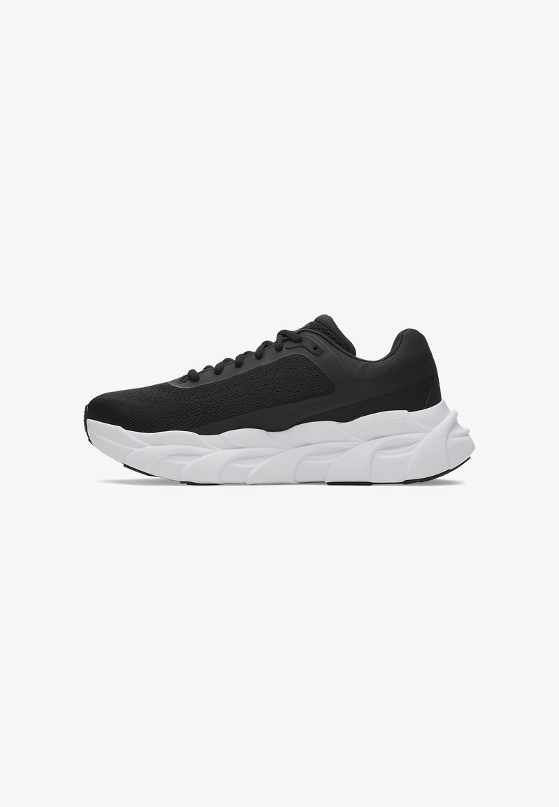 Black athletic sneaker with mesh upper and thick, sculpted white sole, designed for running or casual wear.