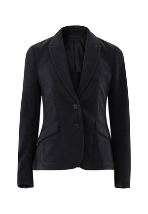 Schwarzer Cordblazer mit einem Reverskragen, zwei Knöpfen und zwei vorderen Taschen mit strukturierter Oberfläche. Reguläre Passform und maßgeschneidertes Design.