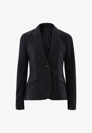 Schwarzer Cordblazer mit einem Reverskragen, zwei Knöpfen und zwei vorderen Taschen mit strukturierter Oberfläche. Reguläre Passform und maßgeschneidertes Design.