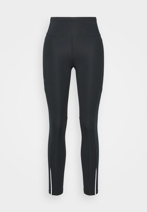 Leggings atléticos negros hechos de una tela elástica, con una cintura alta, costuras laterales y acentos blancos en la parte inferior de las piernas.