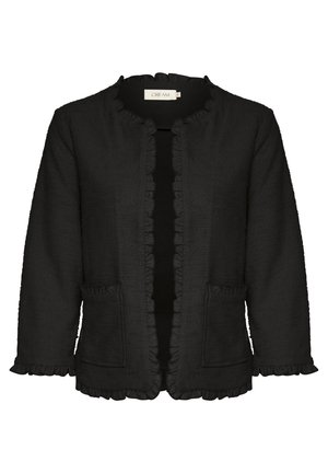Veste noire texturée avec un col rond, des bordures froncées et deux poches avant ; elle possède un design minimaliste et une finition en tissu doux.