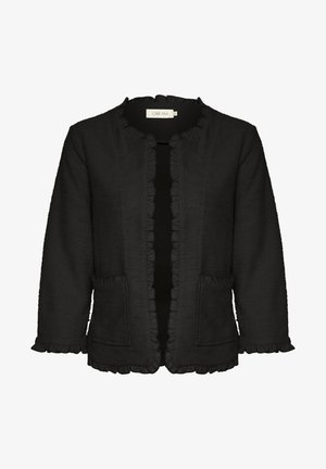 Black textured jacket with a round neck, ruffled edges, and two front pockets; has a minimalist design and soft fabric finish.