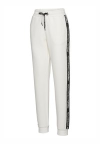 Weiße Jogginghose mit elastischem Bund und Kordelzug. Verfügt über schwarze Seitenstreifen mit dem Text "FRENCH CONNECTION". Glatte Textur.