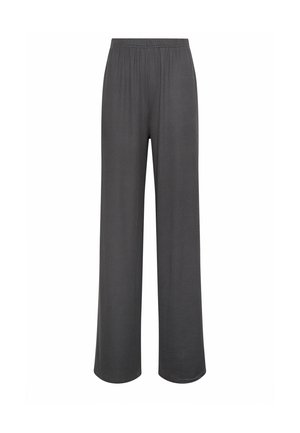 Mørkegrå bukser med vid ben og lodret ribbet tekstur samt elastisk taljebånd, vist mod en hvid baggrund.