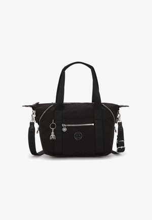 Black fabric tote bag with zippered compartments, textured pattern, dual handles, adjustable shoulder strap, and silver hardware details.