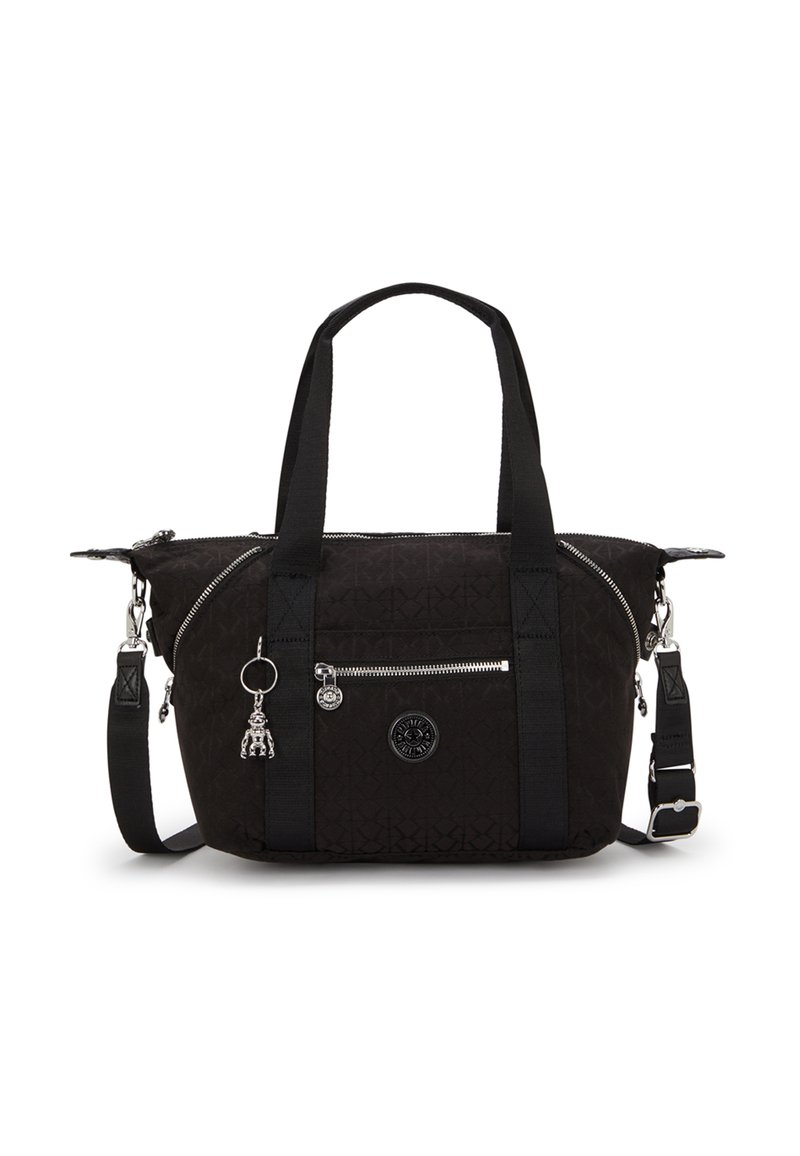 Black fabric tote bag with zippered compartments, textured pattern, dual handles, adjustable shoulder strap, and silver hardware details.