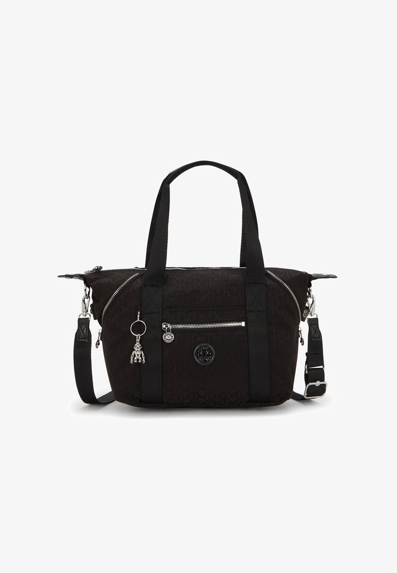 Sac fourre-tout en tissu noir avec des compartiments zippés, motif texturé, double poignées, bandoulière ajustable et détails en métal argenté.