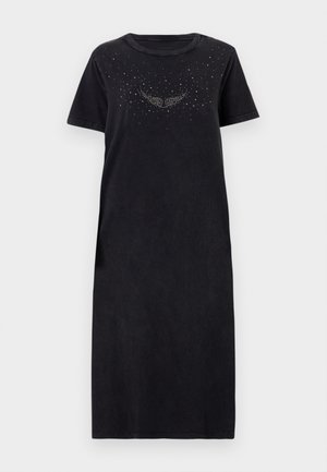 Black short-sleeve dress with a straight design and round neckline. Features rhinestone embellishments on the front, soft texture, knee-length.