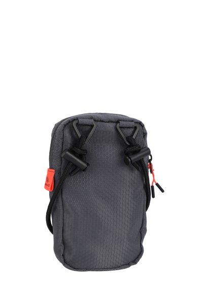 Gray hexagonal-patterned backpack with a drawstring closure, featuring black hardware and a red accent tag. Compact and durable design.