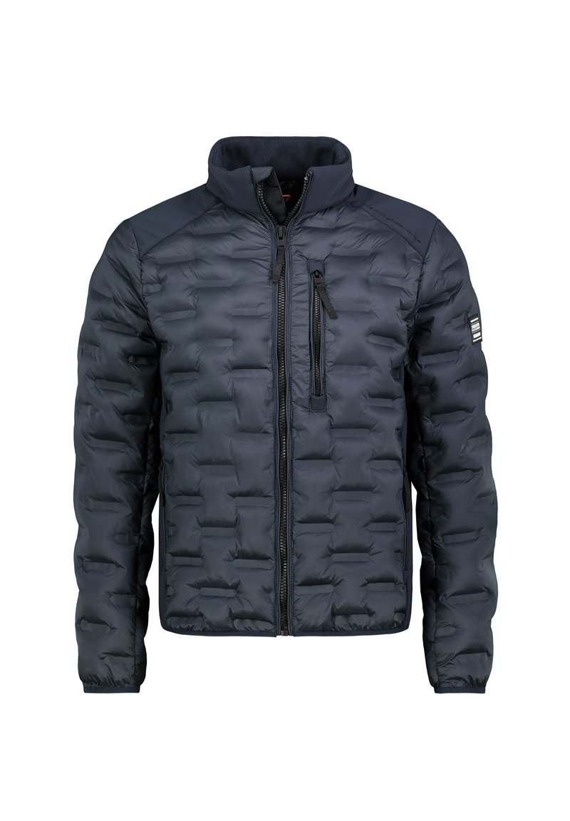 Marineblaue gesteppte Jacke mit Frontreißverschluss, Brusttasche mit Reißverschluss, gepolstertem Kragen und elastischen Bündchen, abgebildet vor weißem Hintergrund.