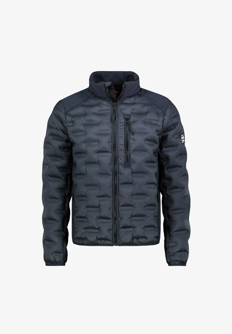 Marineblaue gesteppte Jacke mit Frontreißverschluss, Brusttasche mit Reißverschluss, gepolstertem Kragen und elastischen Bündchen, abgebildet vor weißem Hintergrund.