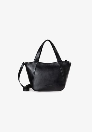 Schwarze Lederhandtasche mit einer strukturierten Form, zwei oberen Griffen und einem abnehmbaren Schultergurt. Verfügt über eine glatte Oberfläche und ein dezentes Logo-Detail.