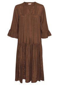 Brun, silkeagtig midi kjole med V-udskæring, løs pasform, trekvart lange flæseærmer og samlet talje. Ingen synlige mønstre eller hardware.