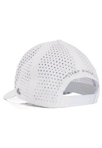 White cap made from perforated material with a curved visor. Features adjustable strap and “KEEP GOING” text across the back.