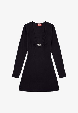 Μαύρο φόρεμα με μακριά μανίκια από πλεκτό ύφασμα, με βαθύ V-λαιμόκοψη, λεπτομέρεια με κόμπο στο κέντρο και ασημένια λογότυπο.