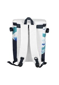 Backpack featuring a white fabric top with blue and green wave patterns, dark blue sides, adjustable straps, and a top handle.