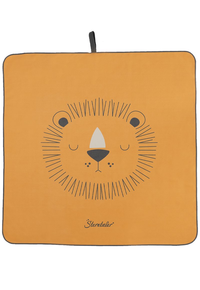 Oranger rechteckiger Teppich mit einem Löwengesicht-Design in Grau, mit strukturierter Oberfläche und kontrastierendem Rand. Enthält eine Aufhängeschlaufe.