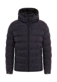 Zwarte pufferjack met een capuchon, voorzien van een tonale logopatroon, ritsluiting en elastische manchetten. Gemaakt van een glanzend, soepel materiaal.