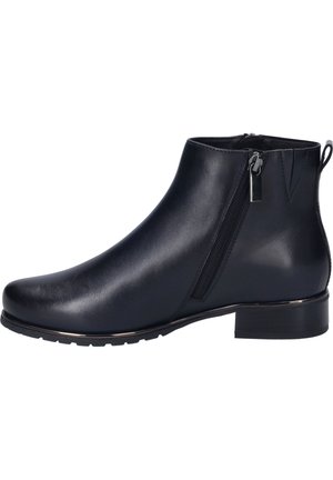 Black leather ankle boot with a sleek design, side zipper, low block heel, and textured surface for added grip.