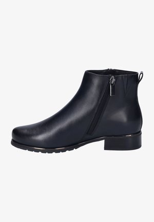Schwarze Leder-Stiefelette mit schlankem Design, seitlichem Reißverschluss, niedrigem Blockabsatz und strukturiertem Obermaterial für besseren Halt.