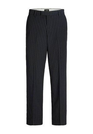 Zwarte recht gesneden broek met dunne witte verticale krijtstrepen en een tailleband met riemlussen.