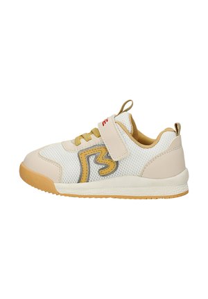 Sneaker beige e bianca per bambini con lacci gialli, strap con velcro, mesh traspirante e suola in gomma su sfondo bianco.