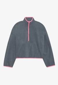 Gray fleece pullover with a quarter-zip, pink accents at the collar and hem, and a front kangaroo pocket. Cropped design with long sleeves.